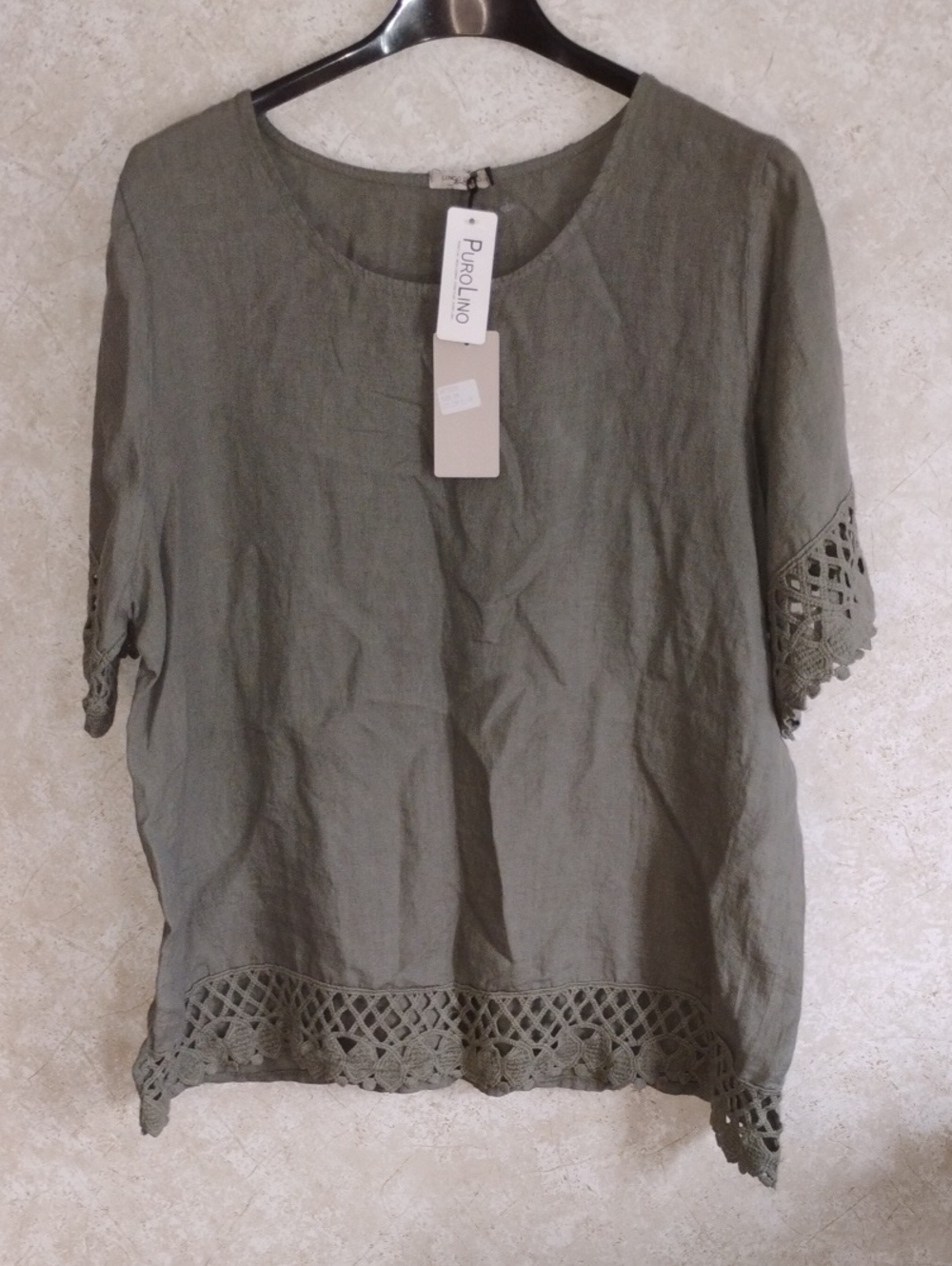 💜 2/$30- NWT Lungo Larno 100% Linen Olive Crochet-Hem Women's Top/ Size 2XL